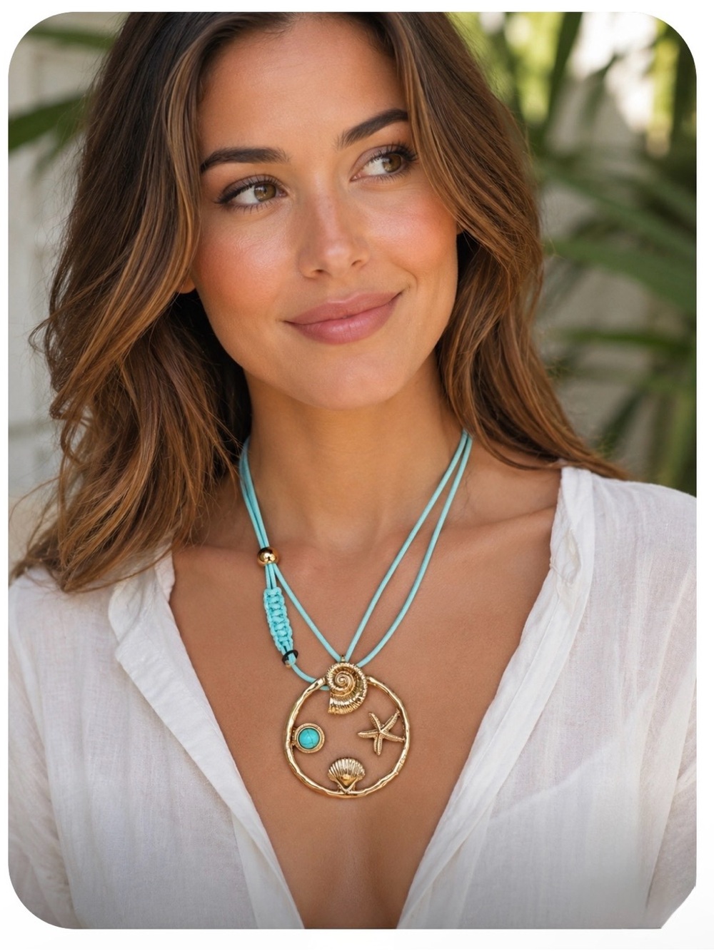 nwt Gardenia Turquoise & Gold Shell Motif Necklace - Picture 3 of 5